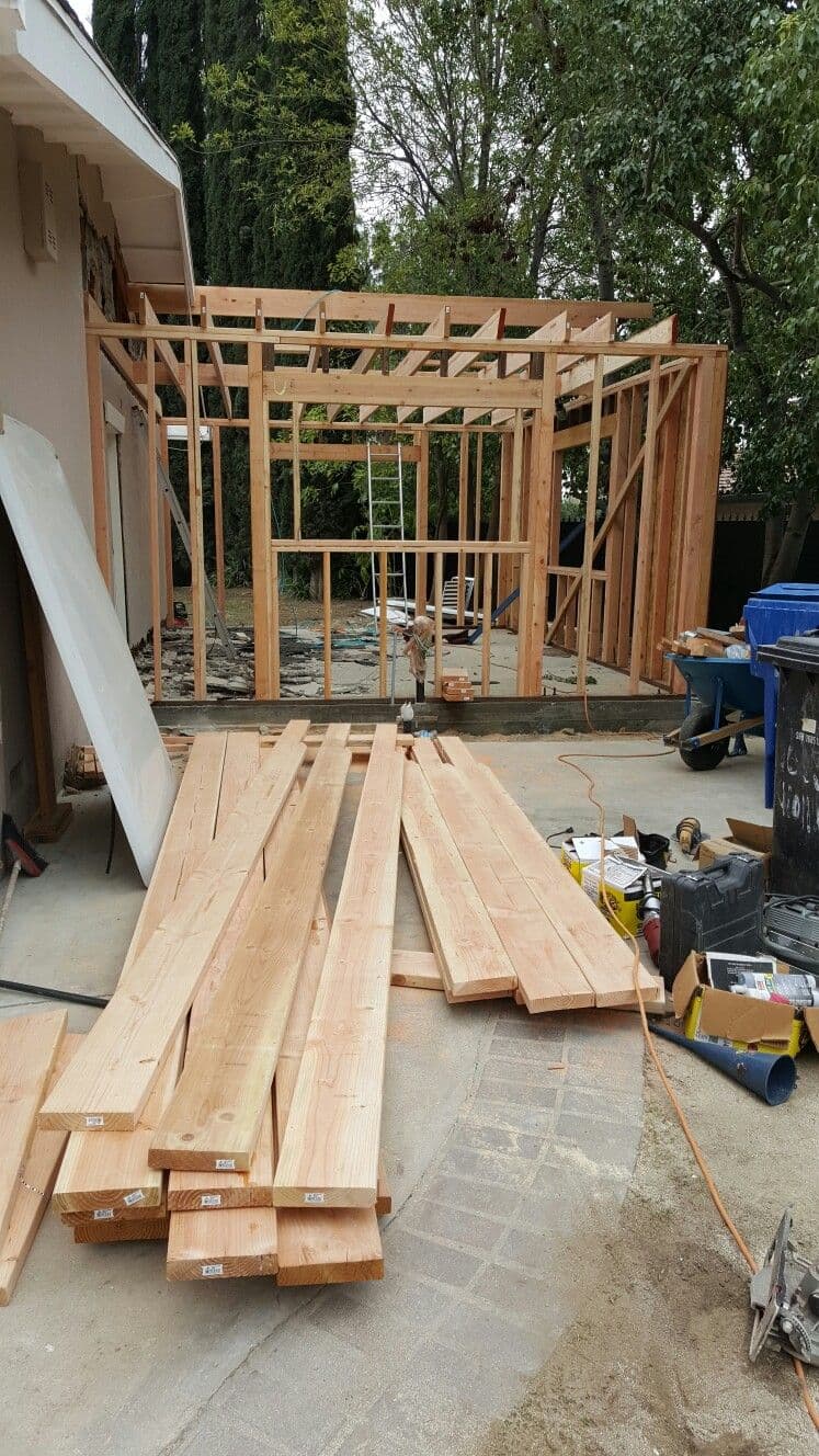 Kitchen addition framed in wood studs during construction